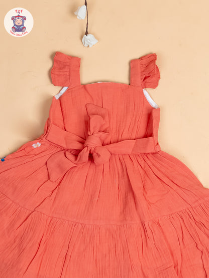 Peach - Girls Wrinkled Cotton Embroidered Frocks