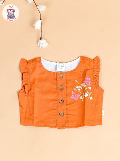 Rust - Girls Cotton Embroidered Top & Shorts