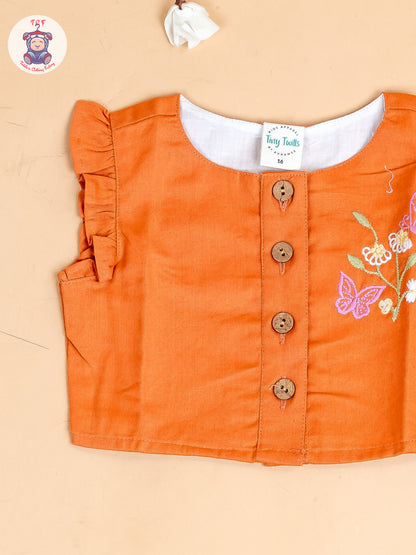 Rust - Girls Cotton Embroidered Top & Shorts