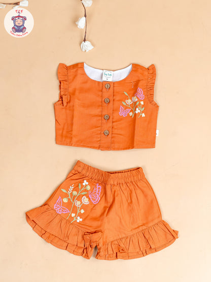Rust - Girls Cotton Embroidered Top & Shorts