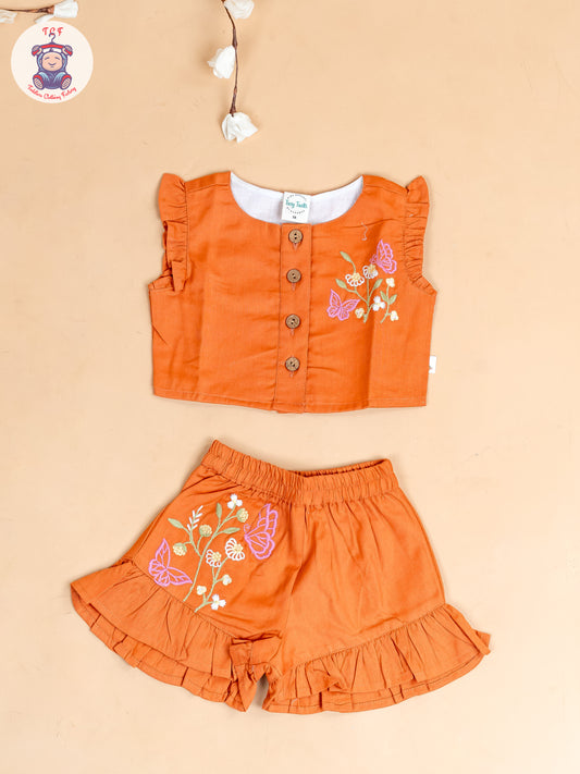 Rust - Girls Cotton Embroidered Top & Shorts