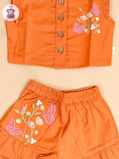 Rust - Girls Cotton Embroidered Top & Shorts