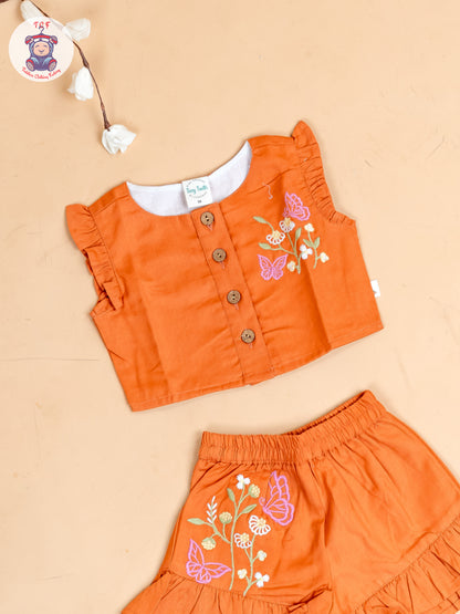 Rust - Girls Cotton Embroidered Top & Shorts