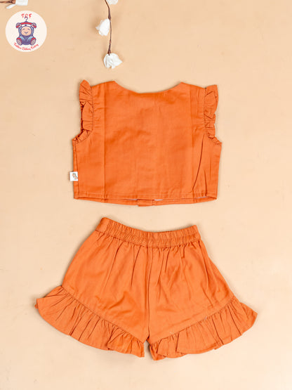 Rust - Girls Cotton Embroidered Top & Shorts