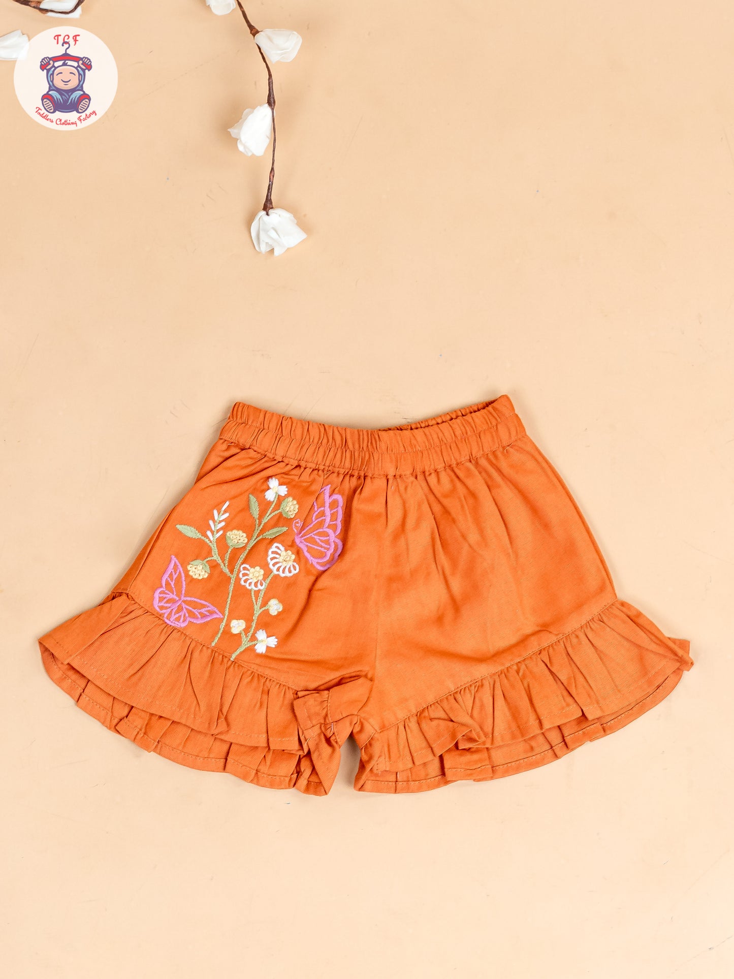 Rust - Girls Cotton Embroidered Top & Shorts