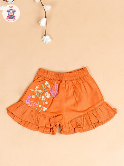 Rust - Girls Cotton Embroidered Top & Shorts