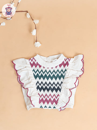 Cream & Black With Majentha - Girls Cotton Embroidered Top & Shorts