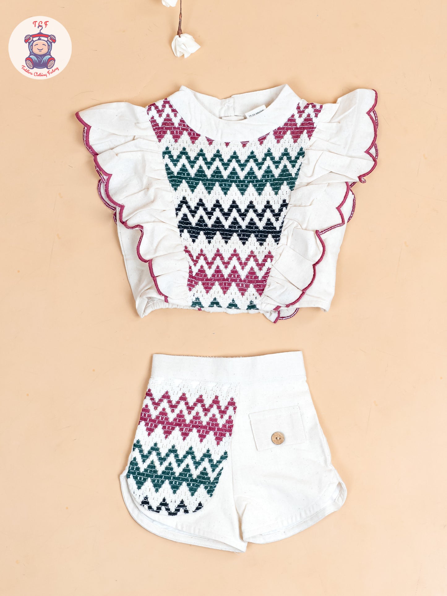 Cream & Black With Majentha - Girls Cotton Embroidered Top & Shorts