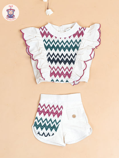 Cream & Black With Majentha - Girls Cotton Embroidered Top & Shorts