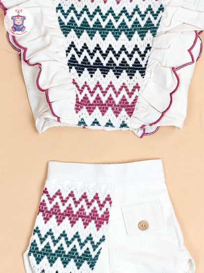 Cream & Black With Majentha - Girls Cotton Embroidered Top & Shorts