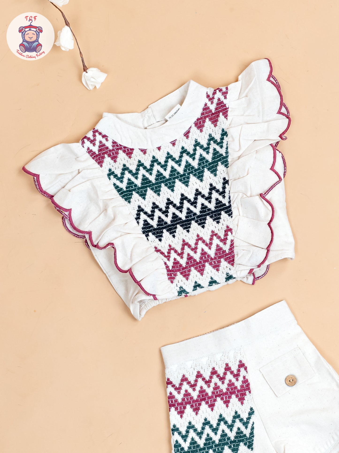 Cream & Black With Majentha - Girls Cotton Embroidered Top & Shorts