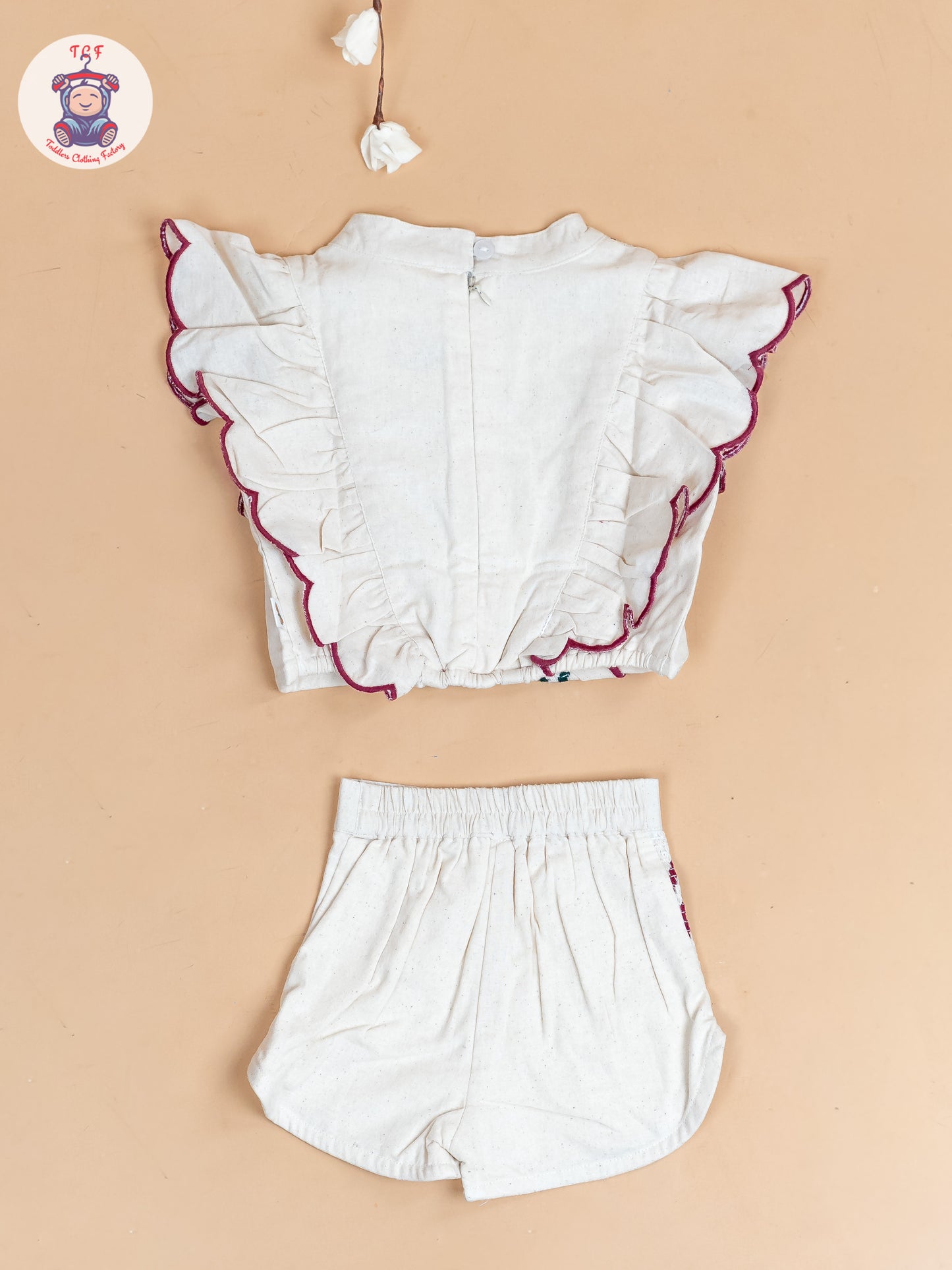 Cream & Black With Majentha - Girls Cotton Embroidered Top & Shorts