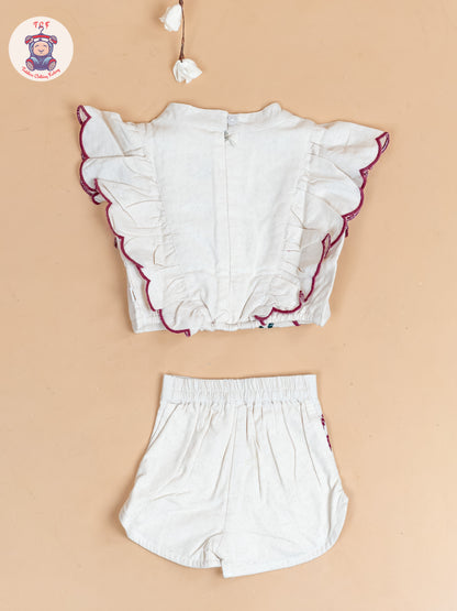 Cream & Black With Majentha - Girls Cotton Embroidered Top & Shorts