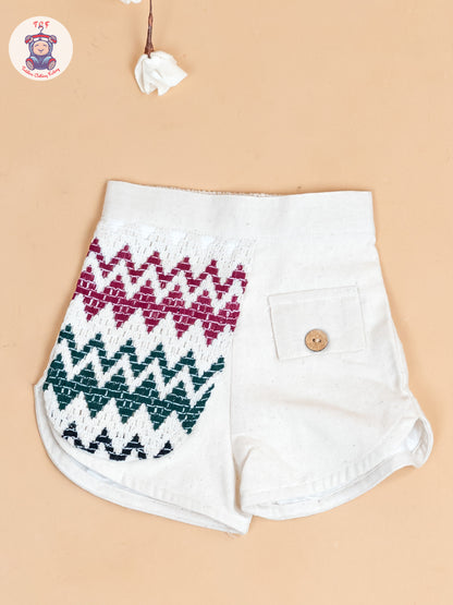 Cream & Black With Majentha - Girls Cotton Embroidered Top & Shorts