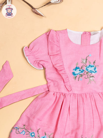 Light Pink - Girls Cotton Embroidered Frocks