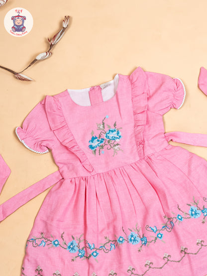 Light Pink - Girls Cotton Embroidered Frocks