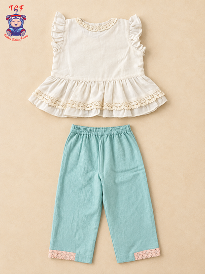 Tiny Threads Girls Embroidered Peplum Top with Mint Pants Co-ord Set