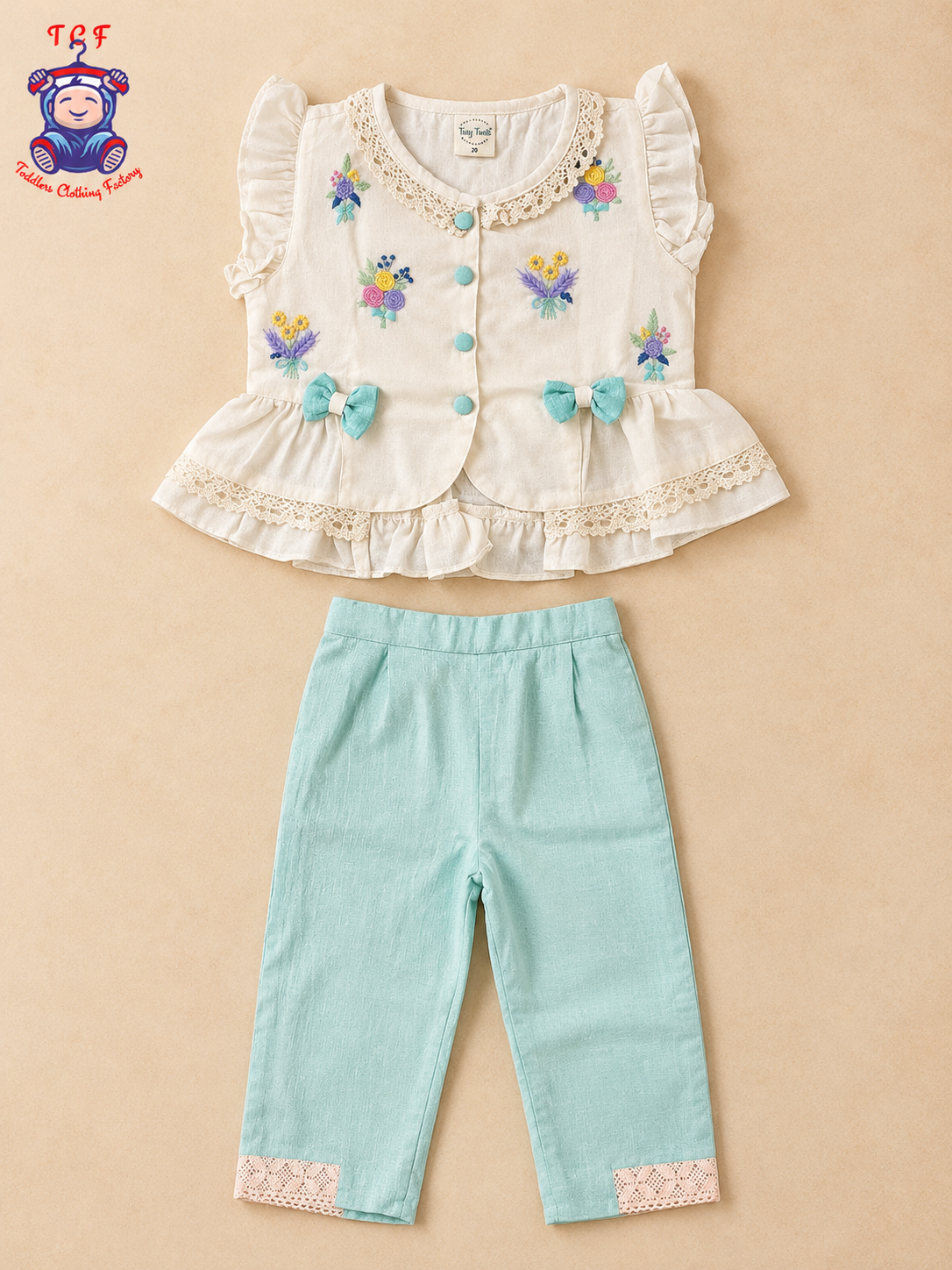 Tiny Threads Girls Embroidered Peplum Top with Mint Pants Co-ord Set