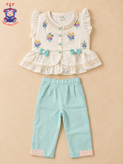 Tiny Threads Girls Embroidered Peplum Top with Mint Pants Co-ord Set