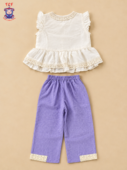 Tiny Threads Girls Embroidered Peplum Top with Lavender Pants Co-ord Set