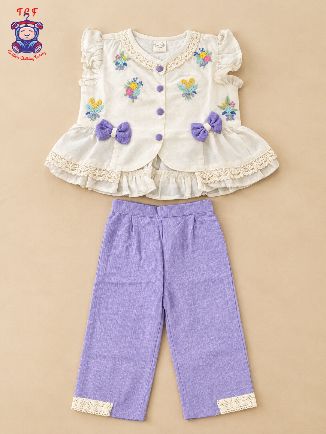 Tiny Threads Girls Embroidered Peplum Top with Lavender Pants Co-ord Set