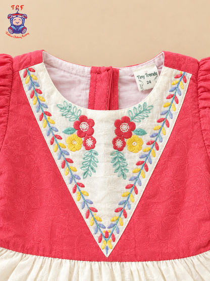 Baby Pink - Tiny Threads Girls Floral Embroidered Fit & Flare Dress