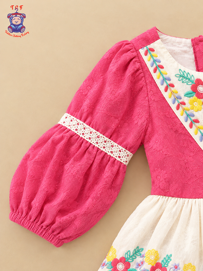 Pink - Tiny Threads Girls Floral Embroidered Fit & Flare Dress