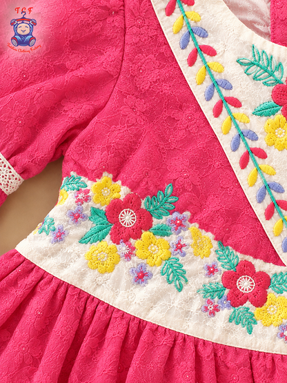Pink - Tiny Threads Girls Floral Embroidered Fit & Flare Dress