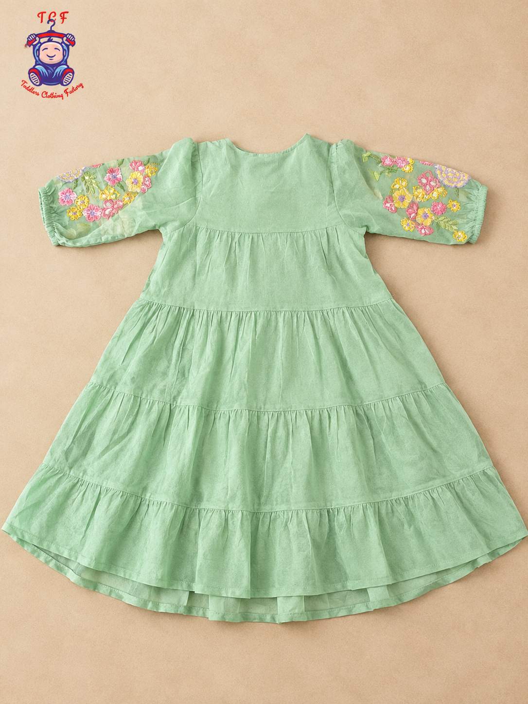 Sage Green - Girls Floral Embroidered Tiered Dress