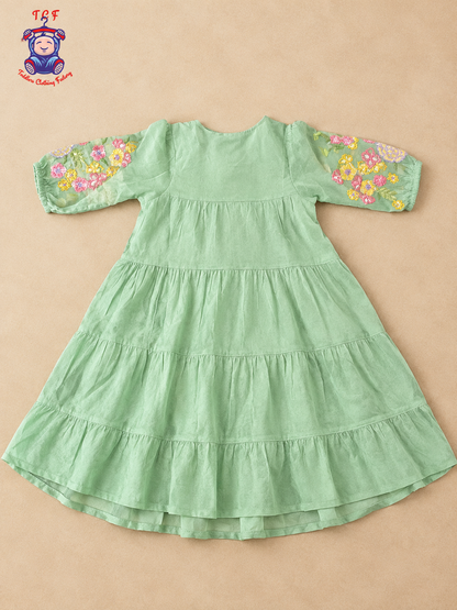 Sage Green - Girls Floral Embroidered Tiered Dress