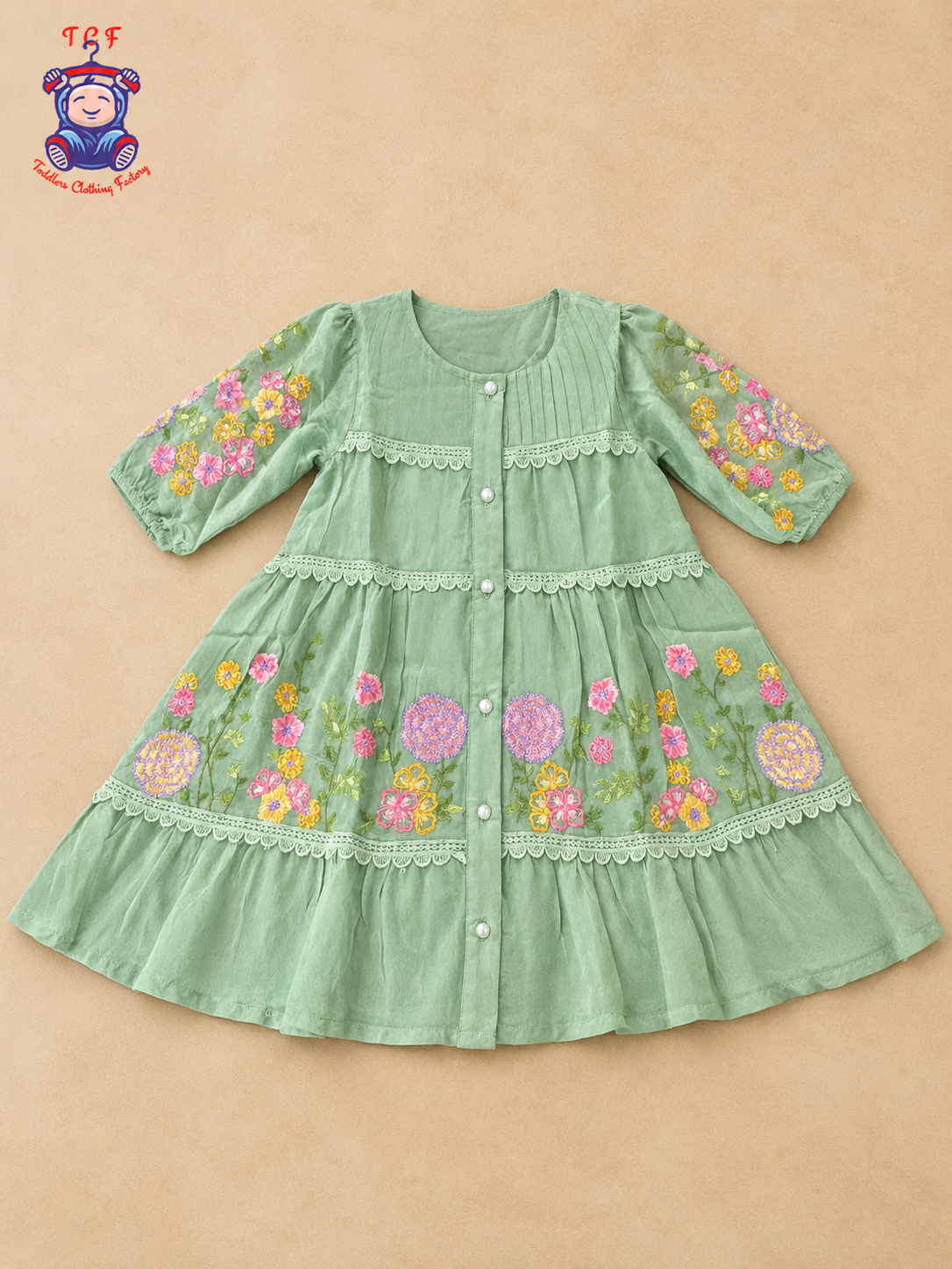 Sage Green - Girls Floral Embroidered Tiered Dress