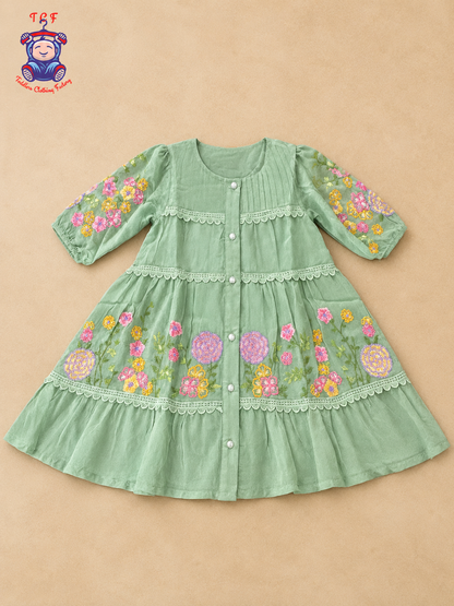 Sage Green - Girls Floral Embroidered Tiered Dress
