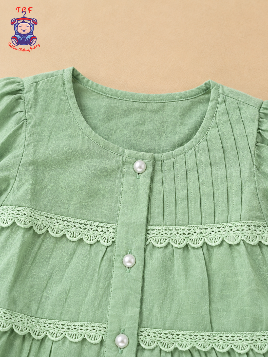 Sage Green - Girls Floral Embroidered Tiered Dress
