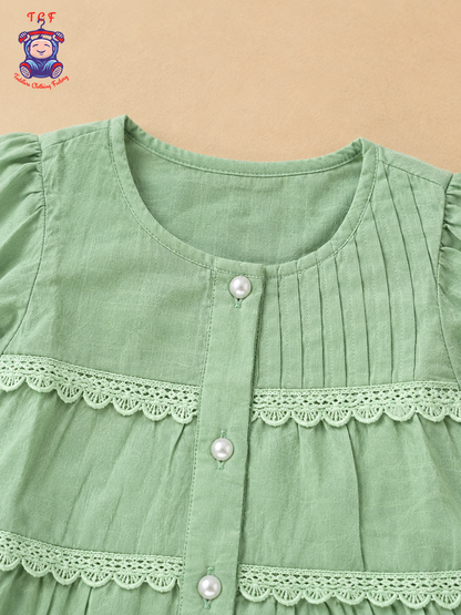 Sage Green - Girls Floral Embroidered Tiered Dress