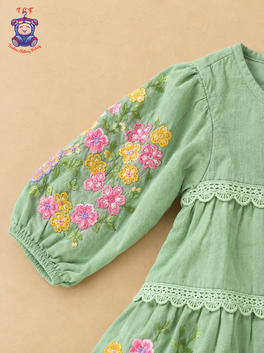 Sage Green - Girls Floral Embroidered Tiered Dress