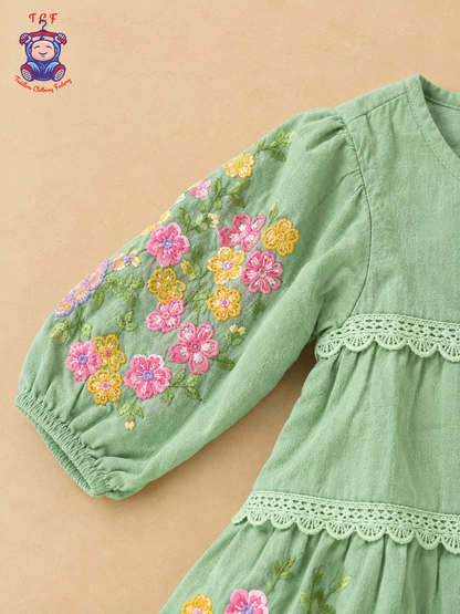Sage Green - Girls Floral Embroidered Tiered Dress