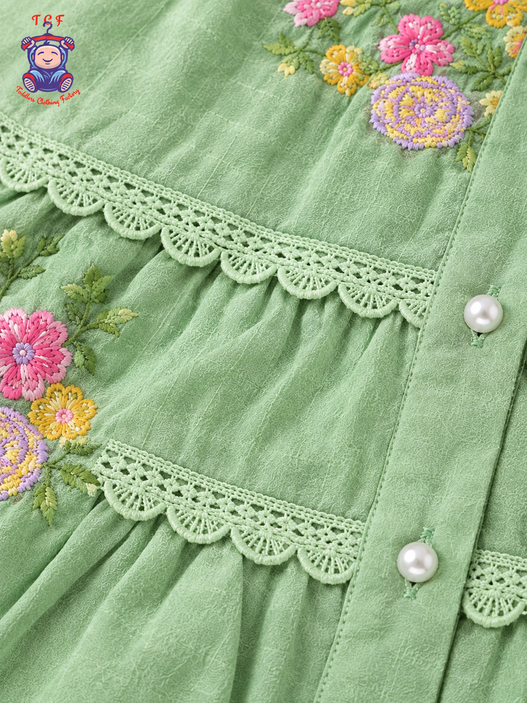 Sage Green - Girls Floral Embroidered Tiered Dress