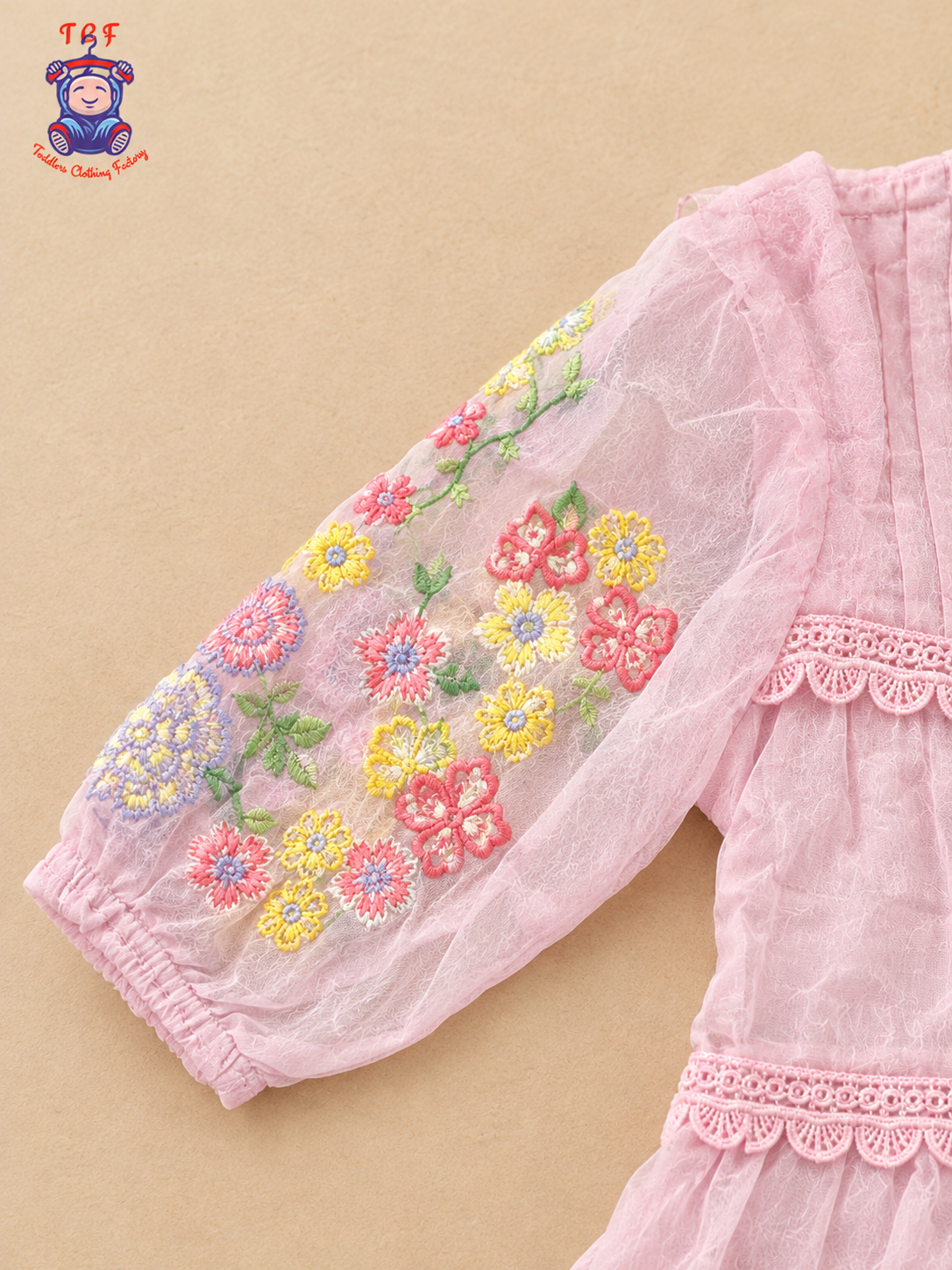 Light Pink - Girls Floral Embroidered Tiered Dress