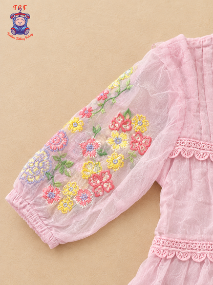 Light Pink - Girls Floral Embroidered Tiered Dress