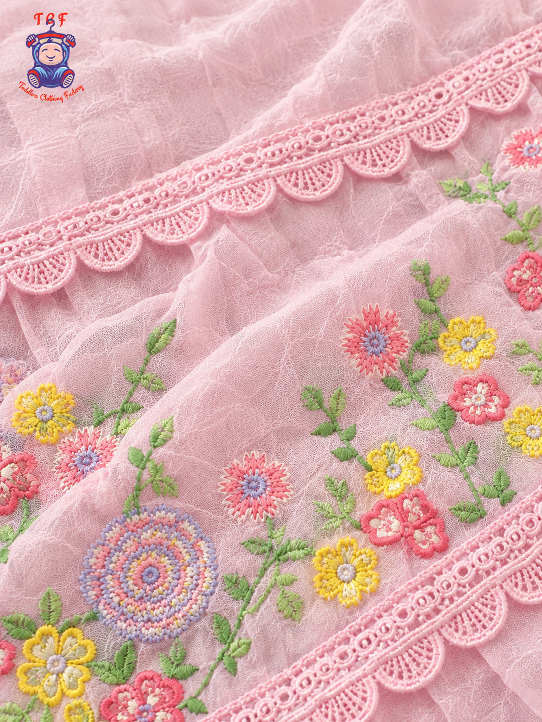 Light Pink - Girls Floral Embroidered Tiered Dress