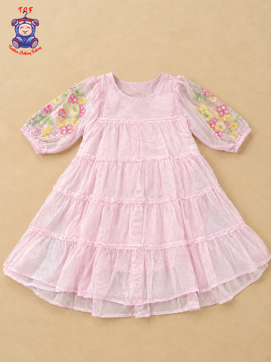 Light Pink - Girls Floral Embroidered Tiered Dress