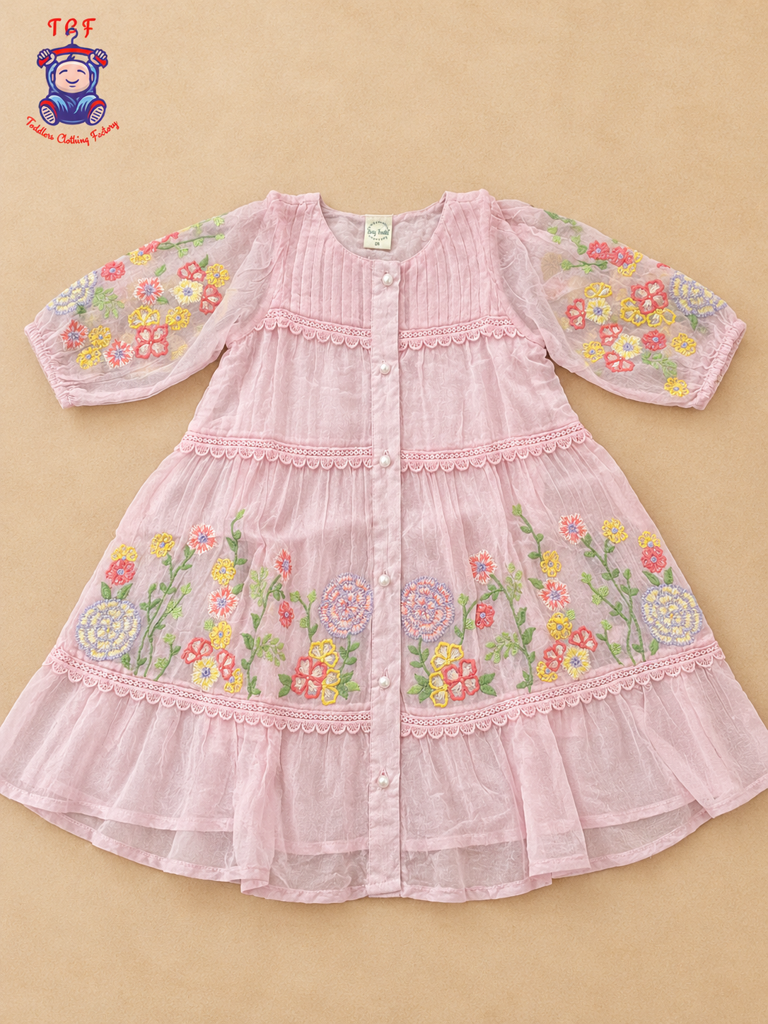 Light Pink - Girls Floral Embroidered Tiered Dress