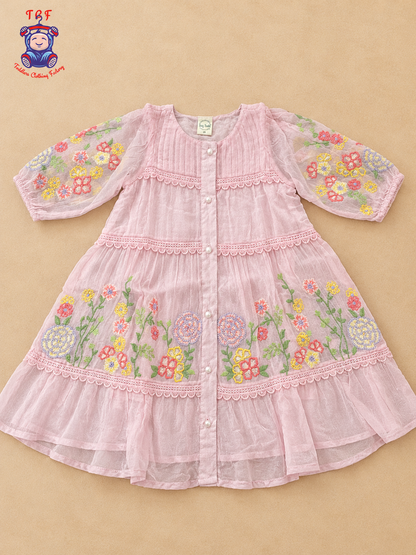 Light Pink - Girls Floral Embroidered Tiered Dress