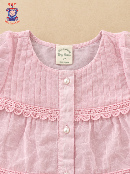 Light Pink - Girls Floral Embroidered Tiered Dress
