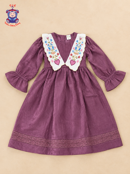 Plum Purple - Girls Embroidered Collar Fit & Flare Dress
