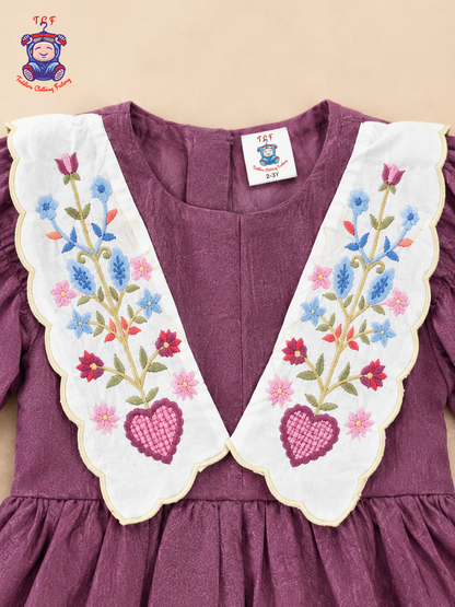 Plum Purple - Girls Embroidered Collar Fit & Flare Dress