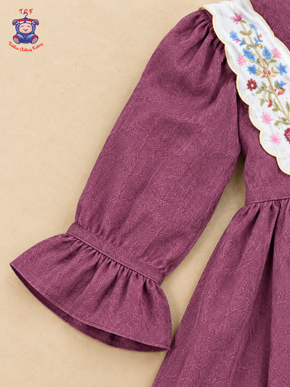 Plum Purple - Girls Embroidered Collar Fit & Flare Dress