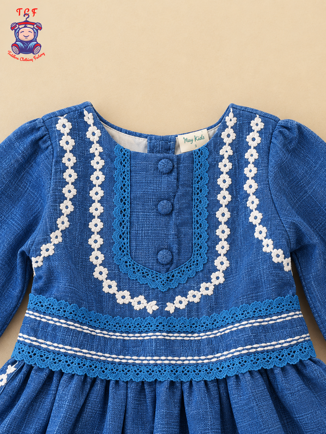 Blue Embroidered Girls Long Sleeve Frock