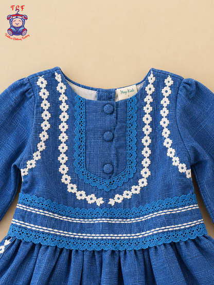 Blue Embroidered Girls Long Sleeve Frock