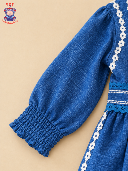 Blue Embroidered Girls Long Sleeve Frock